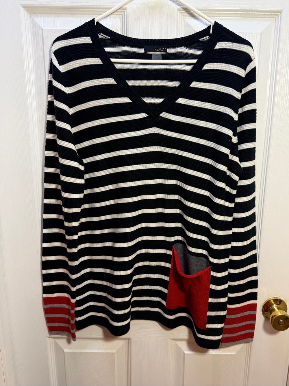 Renuar Black & White Striped V-Neck Sweater with Red Pocket & Cuff Detail